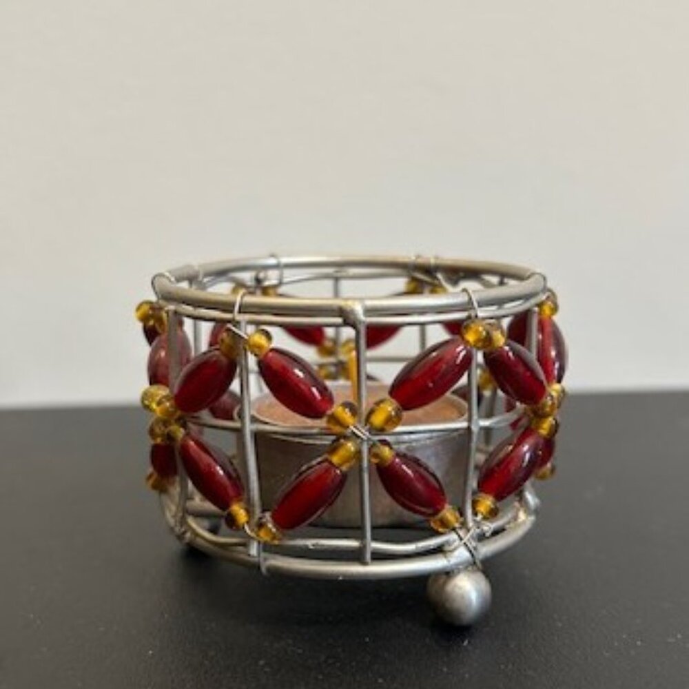 Boho Beaded Candle Holder Red Amber Votive Decor